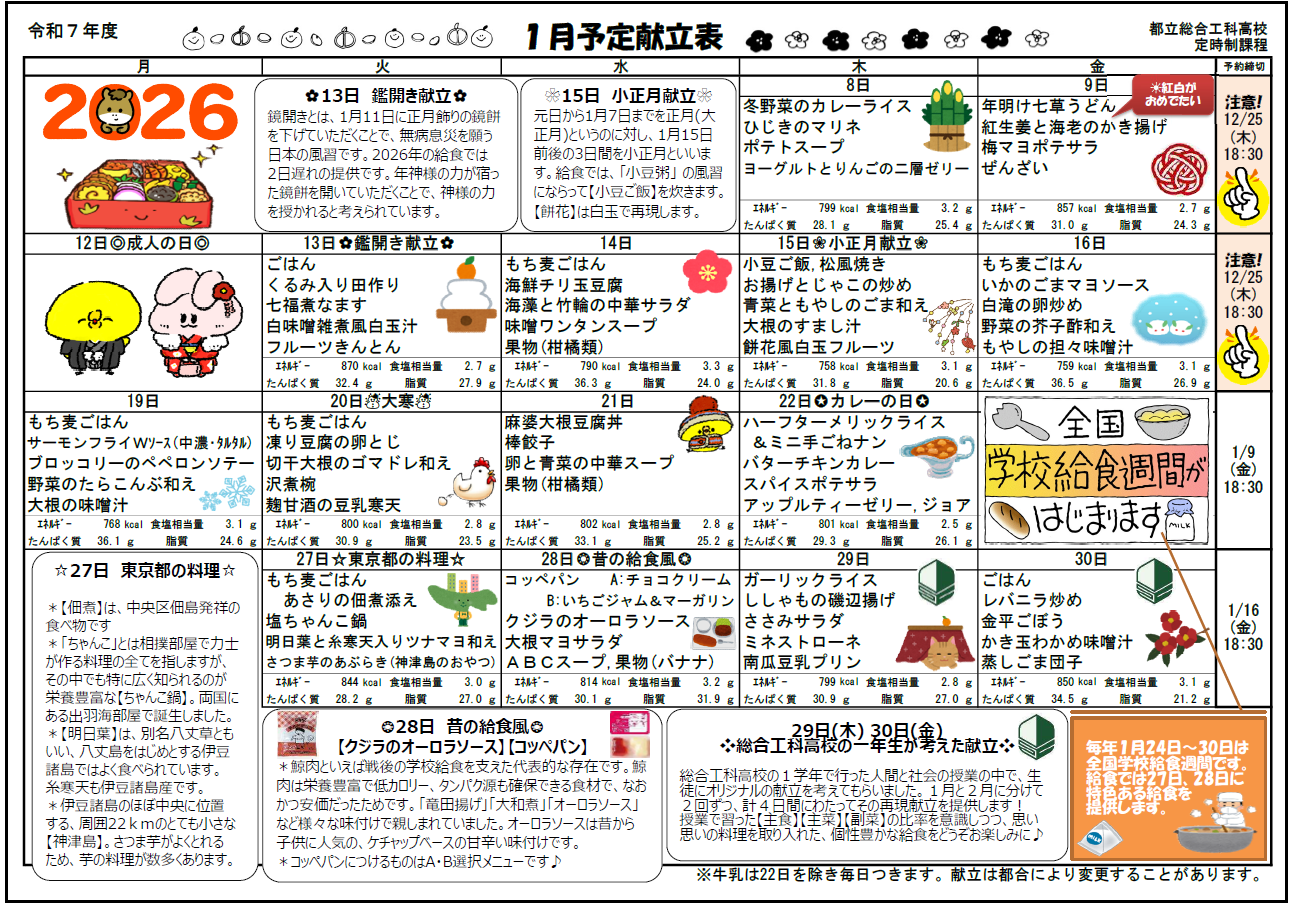 １月定時制_給食献立表